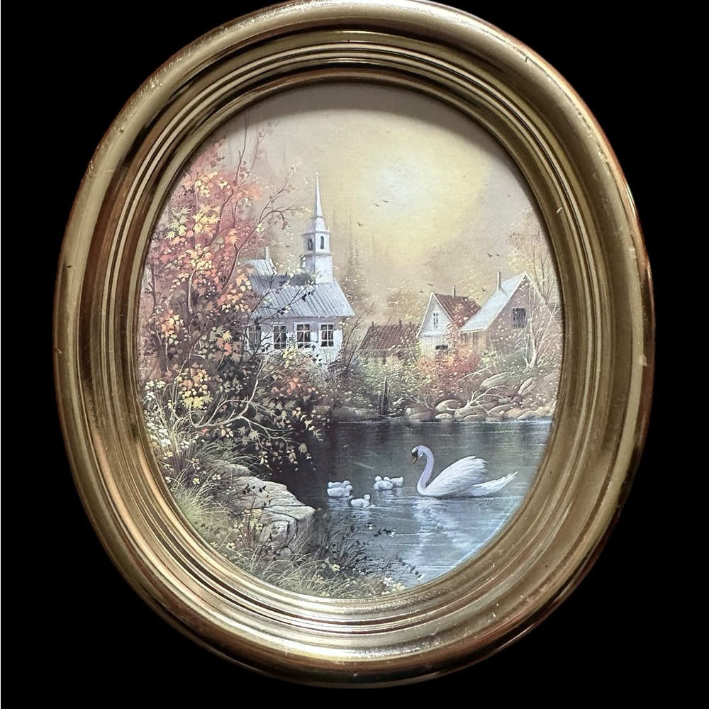 Vintage Homco Set of 2 Home Interior Gold Oval Frame, Swan Church Village - Picture 2 of 4